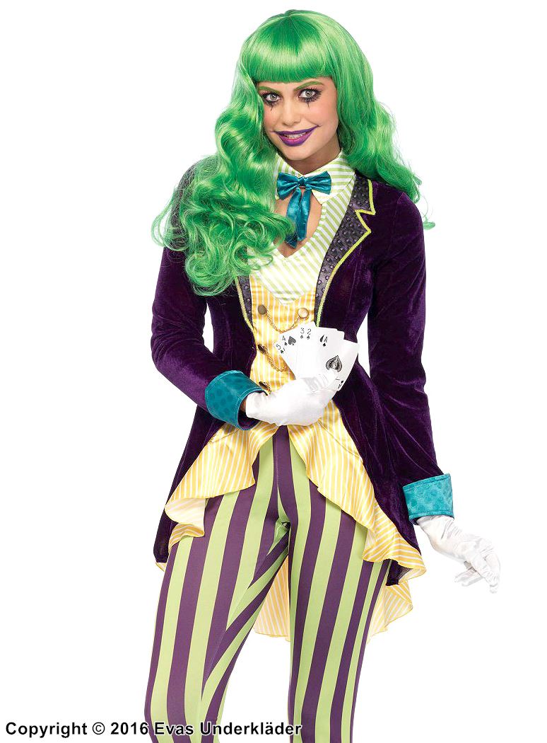 Female Joker, top and leggings costume, bow, ruffle trim, velvet, vertical stripes